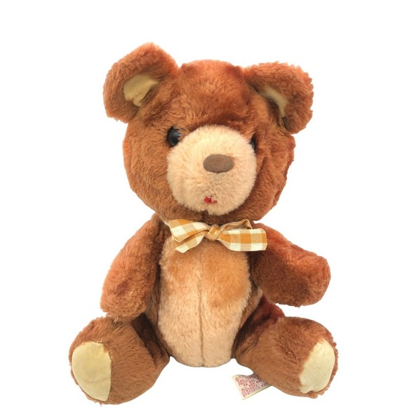 Dakin Fun Farm 1983 9" Vintage Teddy Bear Stuffed Animal Plush with Gingham Bow! - Picture 1 of 8